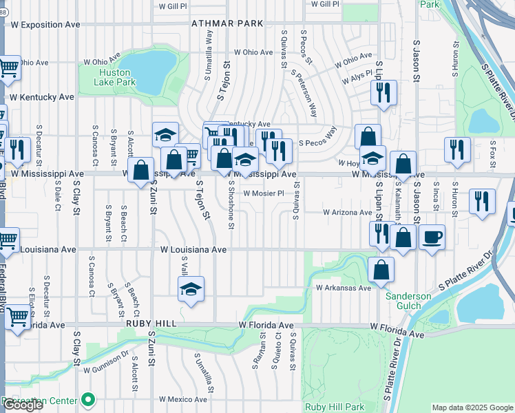 map of restaurants, bars, coffee shops, grocery stores, and more near 1229 South Raritan Street in Denver