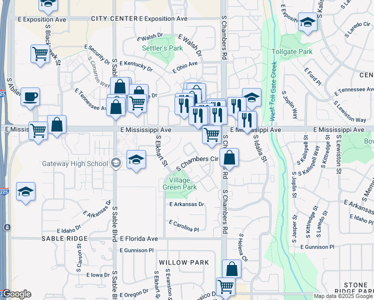 map of restaurants, bars, coffee shops, grocery stores, and more near 15025 East Louisiana Drive in Aurora