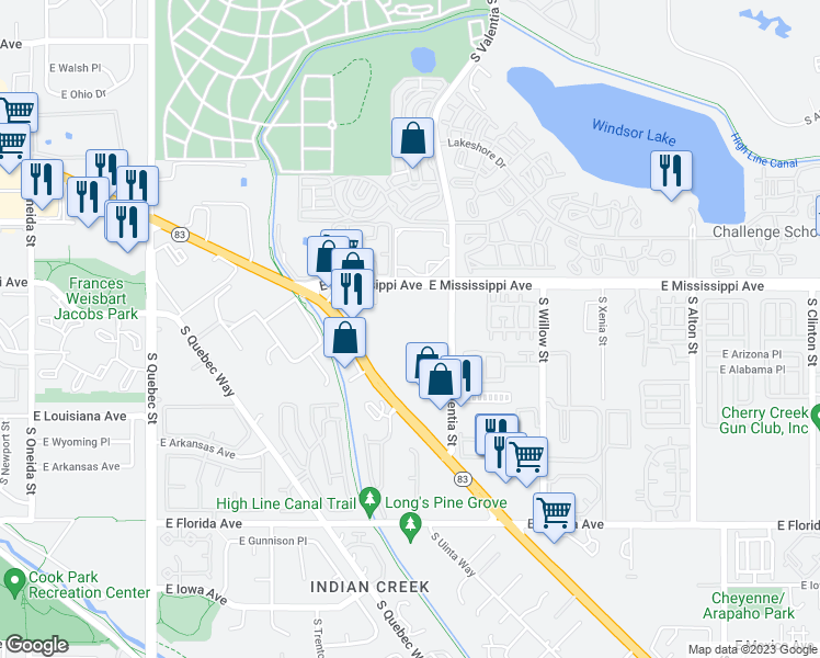 map of restaurants, bars, coffee shops, grocery stores, and more near 1302 South Parker Road in Denver