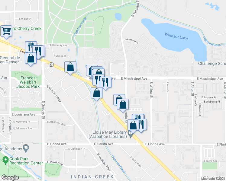 map of restaurants, bars, coffee shops, grocery stores, and more near 1302 South Parker Road in Denver