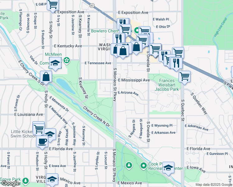 map of restaurants, bars, coffee shops, grocery stores, and more near 1226 South Monaco Parkway in Denver