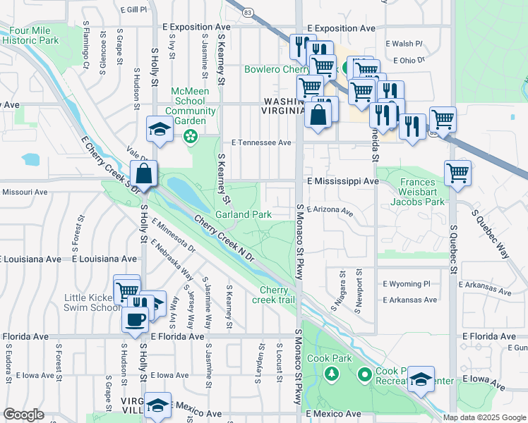 map of restaurants, bars, coffee shops, grocery stores, and more near 1275 South Monaco Parkway in Denver