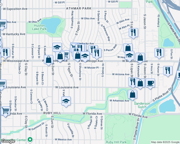 map of restaurants, bars, coffee shops, grocery stores, and more near 1229 South Raritan Street in Denver