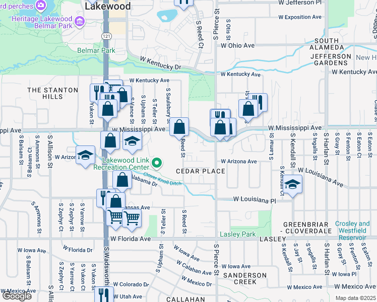 map of restaurants, bars, coffee shops, grocery stores, and more near 1210 South Reed Street in Lakewood