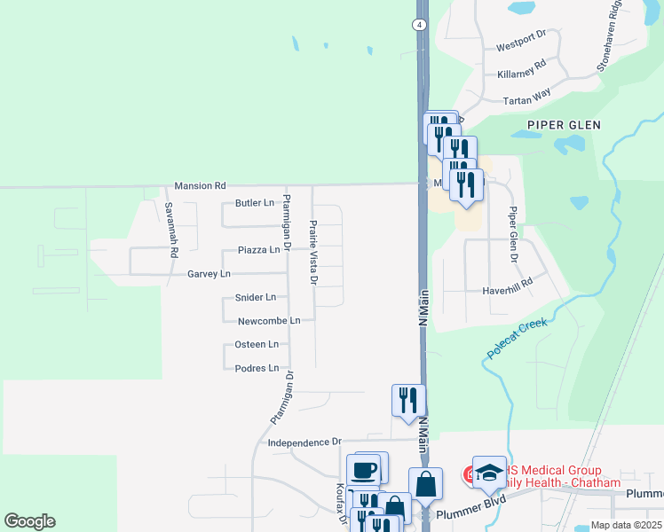 map of restaurants, bars, coffee shops, grocery stores, and more near Sawgrass Drive in Chatham