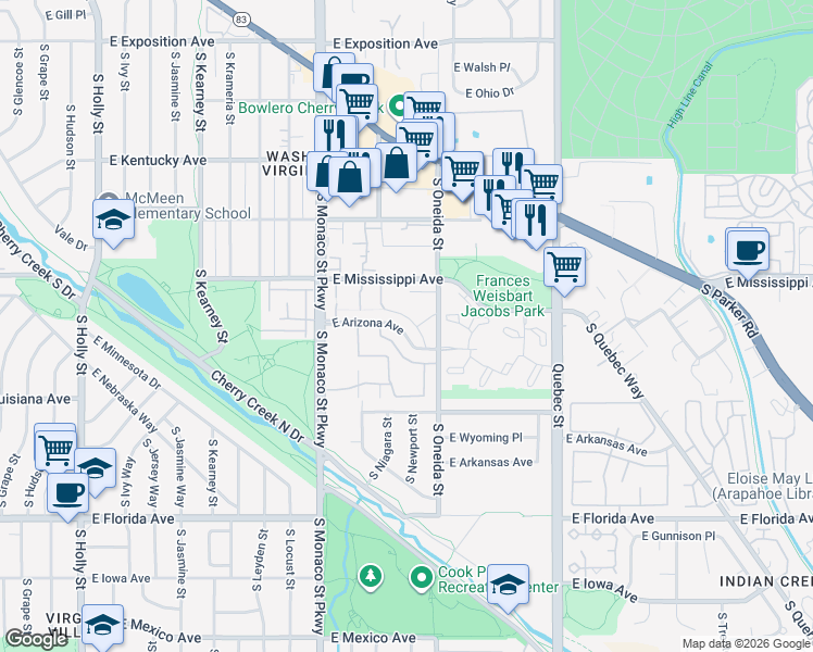 map of restaurants, bars, coffee shops, grocery stores, and more near 169 East Arizona Avenue in Denver