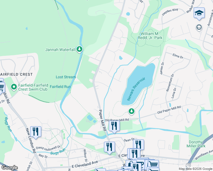 map of restaurants, bars, coffee shops, grocery stores, and more near 924 Wharton Drive in Newark