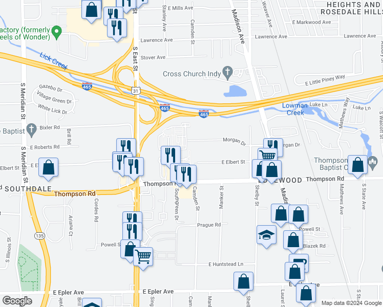 map of restaurants, bars, coffee shops, grocery stores, and more near 735 Southfield Court in Indianapolis