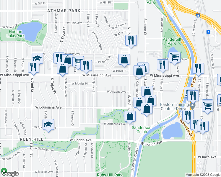 map of restaurants, bars, coffee shops, grocery stores, and more near 1480 West Arizona Avenue in Denver