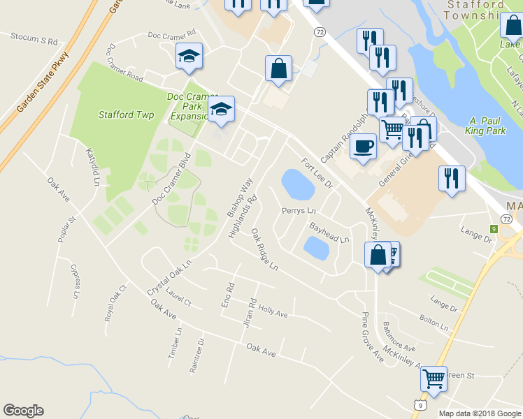 map of restaurants, bars, coffee shops, grocery stores, and more near 83 Oak Ridge Lane in Stafford Township