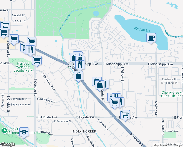 map of restaurants, bars, coffee shops, grocery stores, and more near 1302 South Parker Road in Denver