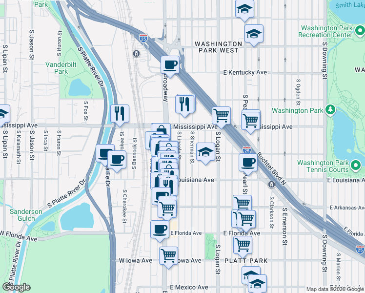 map of restaurants, bars, coffee shops, grocery stores, and more near 1174 South Lincoln Street in Denver