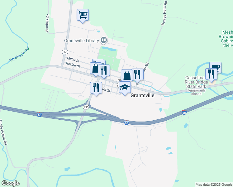 map of restaurants, bars, coffee shops, grocery stores, and more near 120 Grant Street in Grantsville