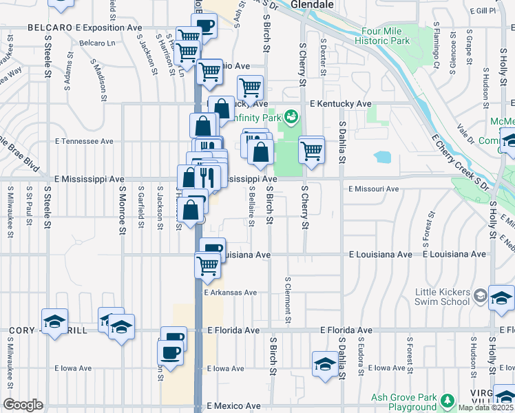 map of restaurants, bars, coffee shops, grocery stores, and more near 1140 South Bellaire Street in Denver