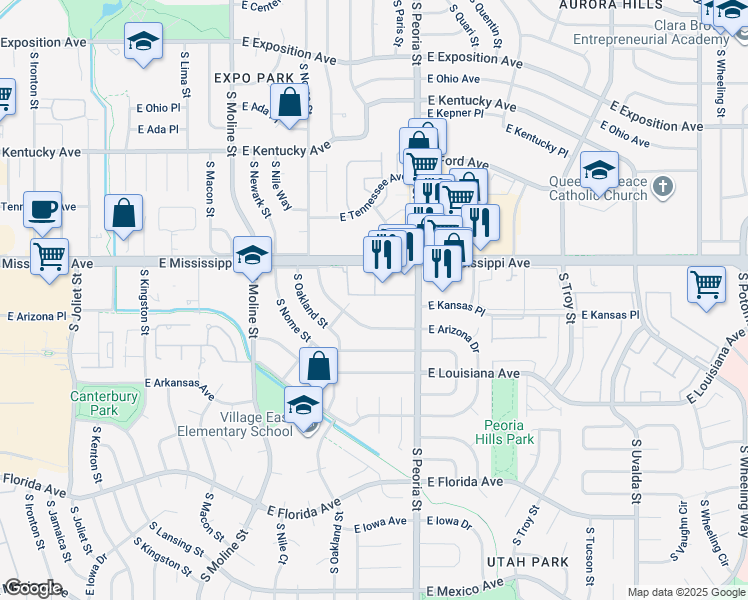 map of restaurants, bars, coffee shops, grocery stores, and more near 12000 East Kansas Drive in Aurora