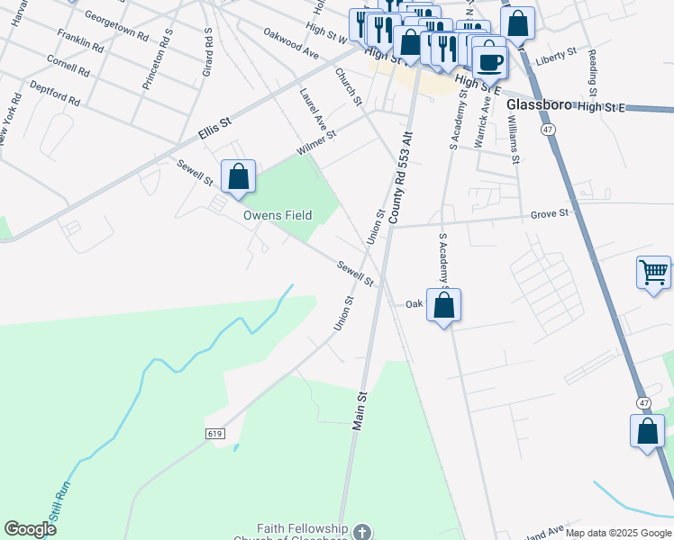 map of restaurants, bars, coffee shops, grocery stores, and more near 6 Glassboro Avenue in Glassboro