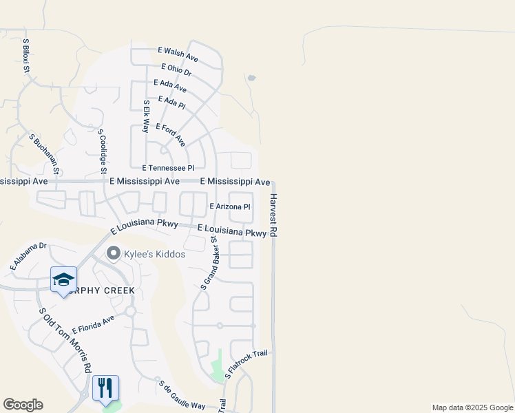 map of restaurants, bars, coffee shops, grocery stores, and more near 24733 East Kansas Circle in Aurora