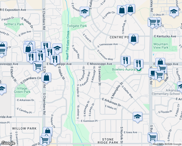 map of restaurants, bars, coffee shops, grocery stores, and more near 1117 South Kalispell Way in Aurora