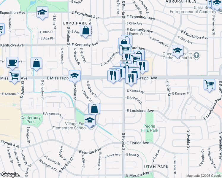 map of restaurants, bars, coffee shops, grocery stores, and more near 12028 East Mississippi Avenue in Aurora