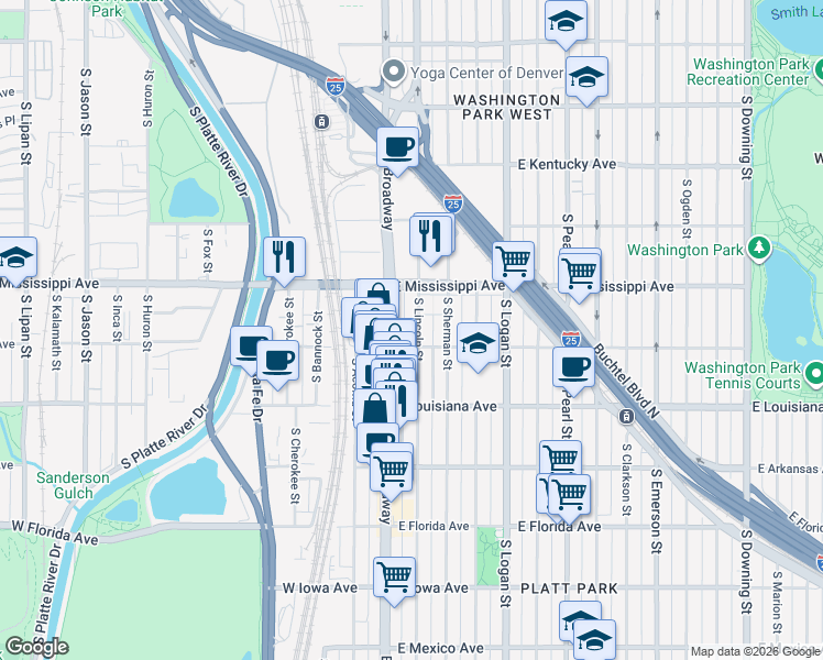 map of restaurants, bars, coffee shops, grocery stores, and more near 1125 South Lincoln Street in Denver