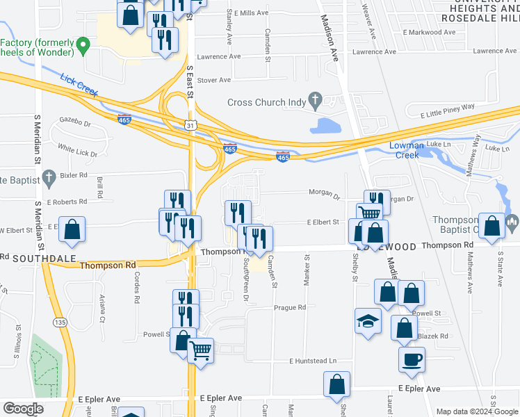 map of restaurants, bars, coffee shops, grocery stores, and more near 4814 East Chesterfield Drive in Indianapolis