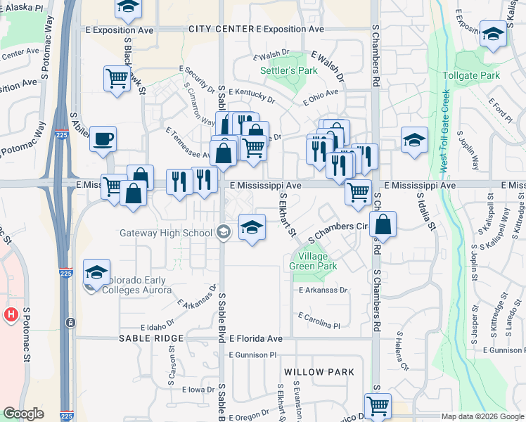map of restaurants, bars, coffee shops, grocery stores, and more near 14700 East Mississippi Avenue in Aurora