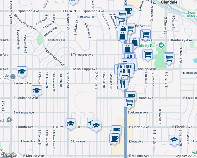 map of restaurants, bars, coffee shops, grocery stores, and more near 1125 South Garfield Street in Denver