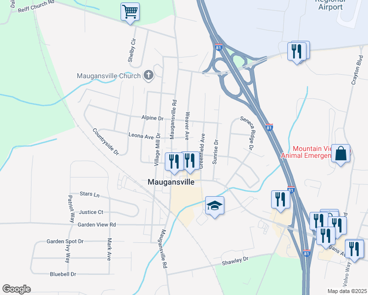map of restaurants, bars, coffee shops, grocery stores, and more near in Maugansville