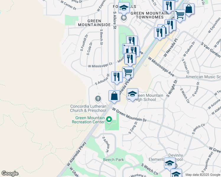 map of restaurants, bars, coffee shops, grocery stores, and more near 1187 South Beech Drive in Lakewood