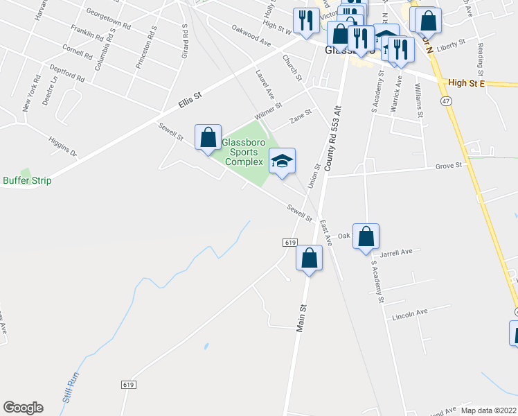 map of restaurants, bars, coffee shops, grocery stores, and more near 36 Sewell Street in Glassboro