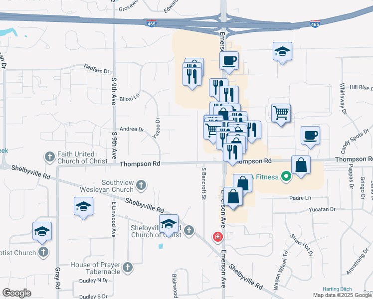 map of restaurants, bars, coffee shops, grocery stores, and more near 4823 Red Robin Drive in Beech Grove