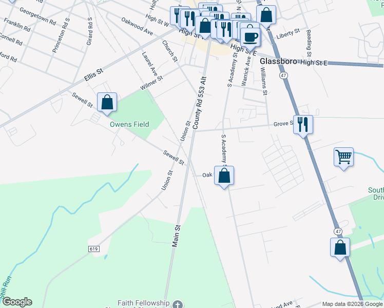 map of restaurants, bars, coffee shops, grocery stores, and more near 118 Union Street in Glassboro
