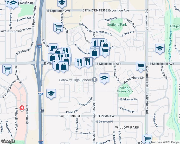 map of restaurants, bars, coffee shops, grocery stores, and more near 14462 East Mississippi Avenue in Aurora