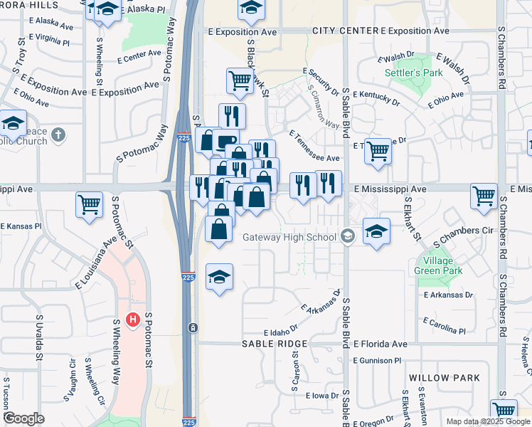 map of restaurants, bars, coffee shops, grocery stores, and more near in Aurora