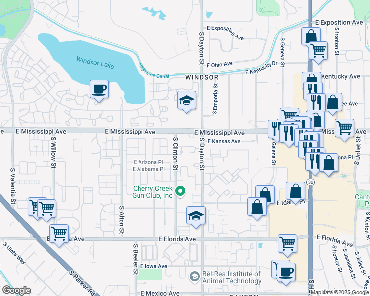 map of restaurants, bars, coffee shops, grocery stores, and more near 1130 South Clinton Street in Denver