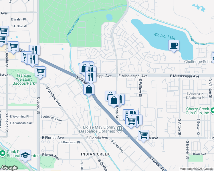 map of restaurants, bars, coffee shops, grocery stores, and more near 1300 South Parker Road in Denver