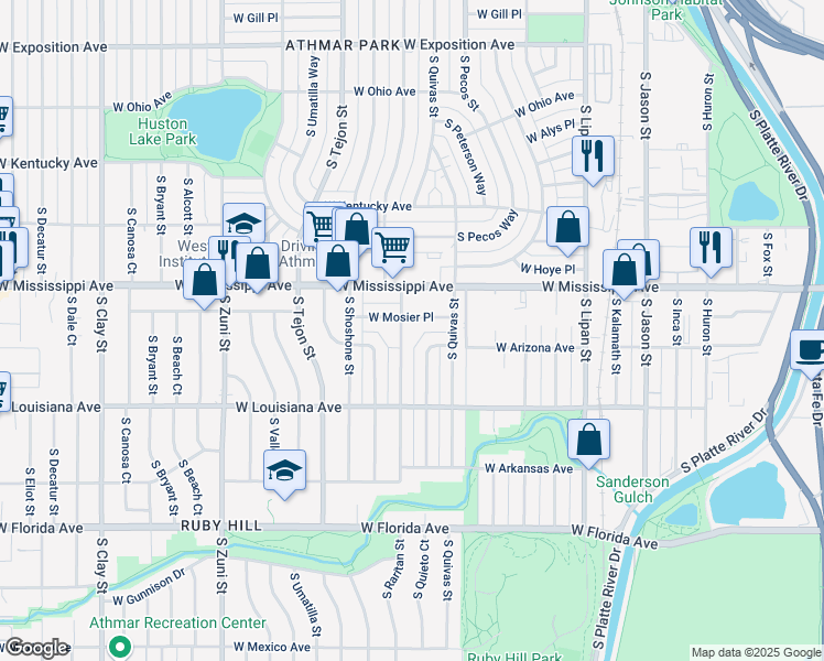 map of restaurants, bars, coffee shops, grocery stores, and more near 1129 South Raritan Street in Denver
