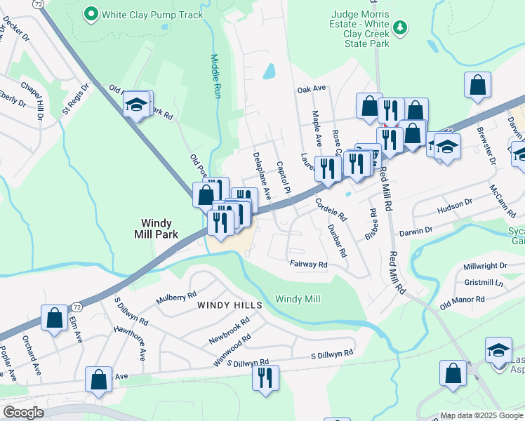 map of restaurants, bars, coffee shops, grocery stores, and more near 107-199 Orchard Road in Newark