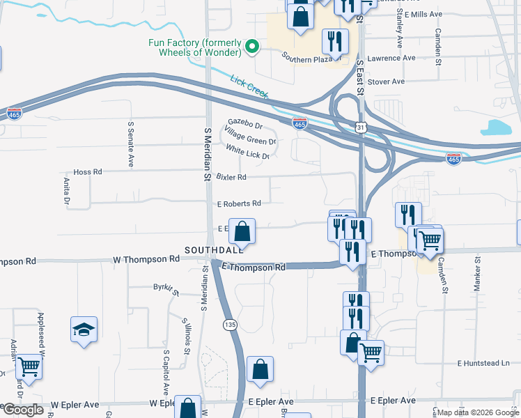 map of restaurants, bars, coffee shops, grocery stores, and more near 254 East Roberts Road in Indianapolis