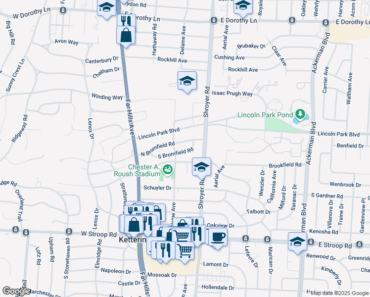 map of restaurants, bars, coffee shops, grocery stores, and more near 313 North Bromfield Road in Dayton