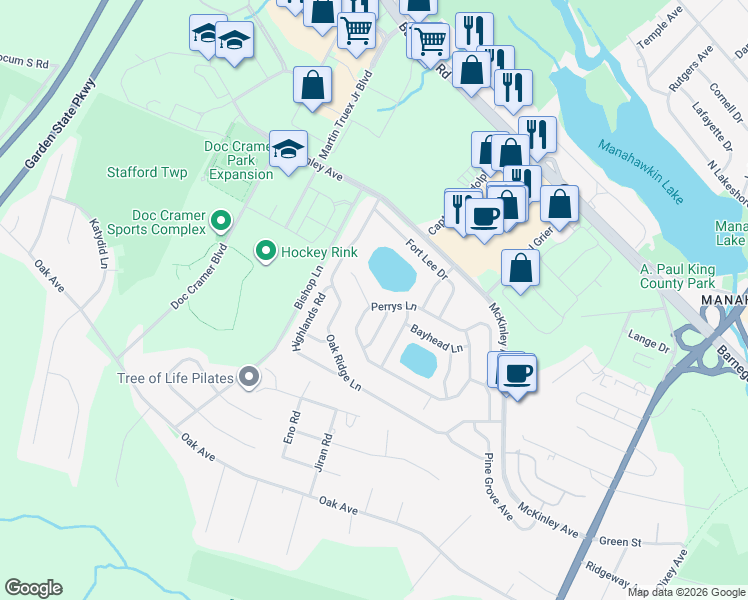 map of restaurants, bars, coffee shops, grocery stores, and more near 2 Hillsdale Court in Stafford Township