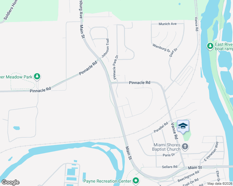 map of restaurants, bars, coffee shops, grocery stores, and more near 3680 Pinnacle Road in Moraine