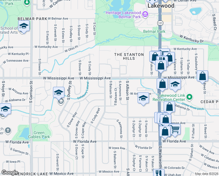 map of restaurants, bars, coffee shops, grocery stores, and more near 1155 South Balsam Street in Lakewood