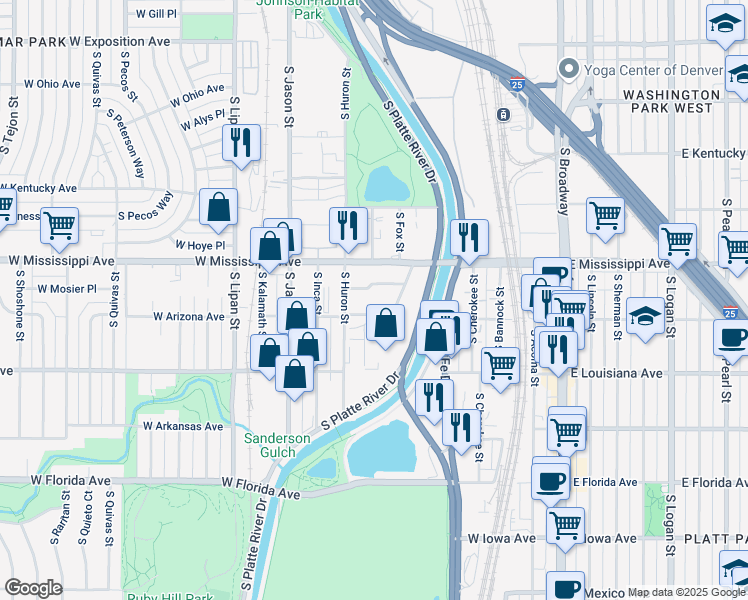 map of restaurants, bars, coffee shops, grocery stores, and more near 700 West Mississippi Avenue in Denver