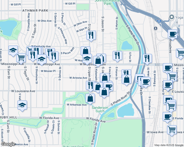 map of restaurants, bars, coffee shops, grocery stores, and more near 1130 South Lipan Street in Denver