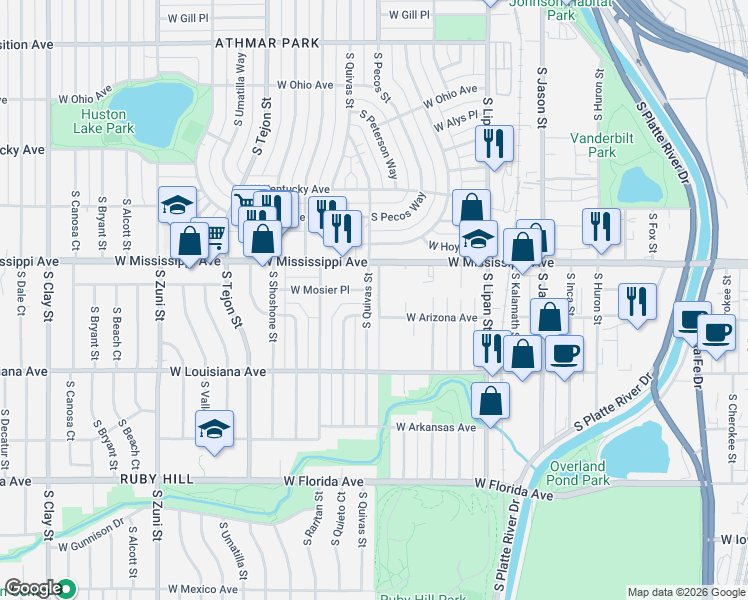 map of restaurants, bars, coffee shops, grocery stores, and more near 1100 South Quivas Street in Denver