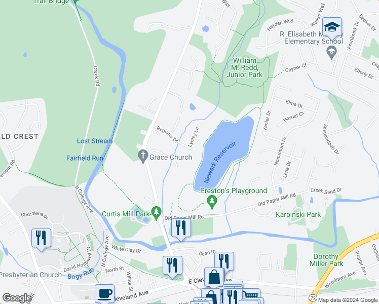 map of restaurants, bars, coffee shops, grocery stores, and more near 131 Register Drive in Newark