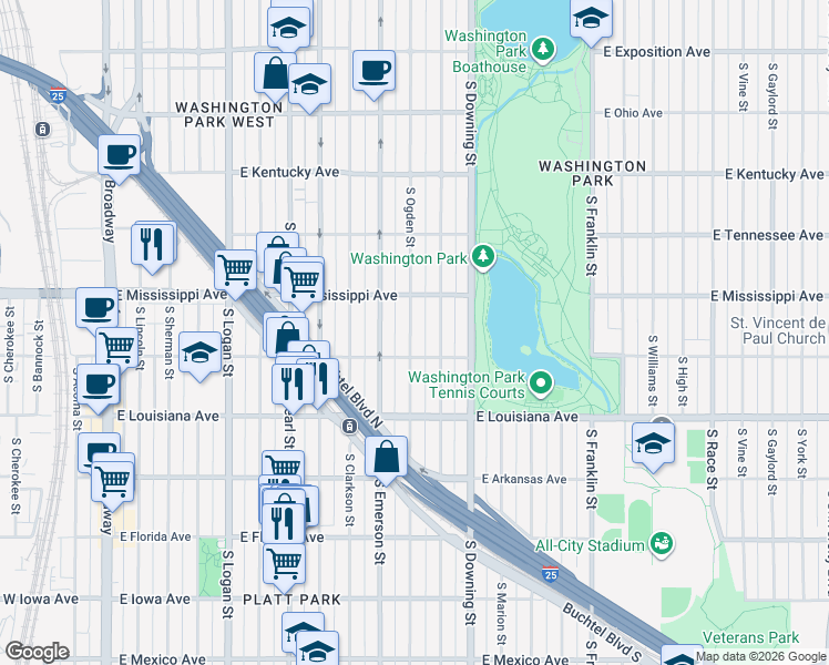 map of restaurants, bars, coffee shops, grocery stores, and more near 1127 South Ogden Street in Denver