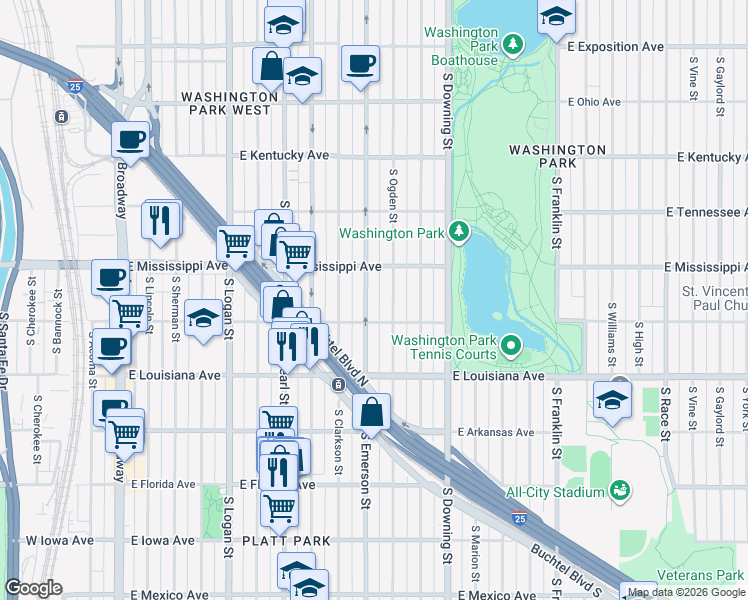 map of restaurants, bars, coffee shops, grocery stores, and more near 1127 South Ogden Street in Denver
