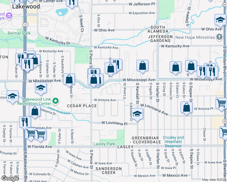 map of restaurants, bars, coffee shops, grocery stores, and more near 1143 South Newland Place in Lakewood